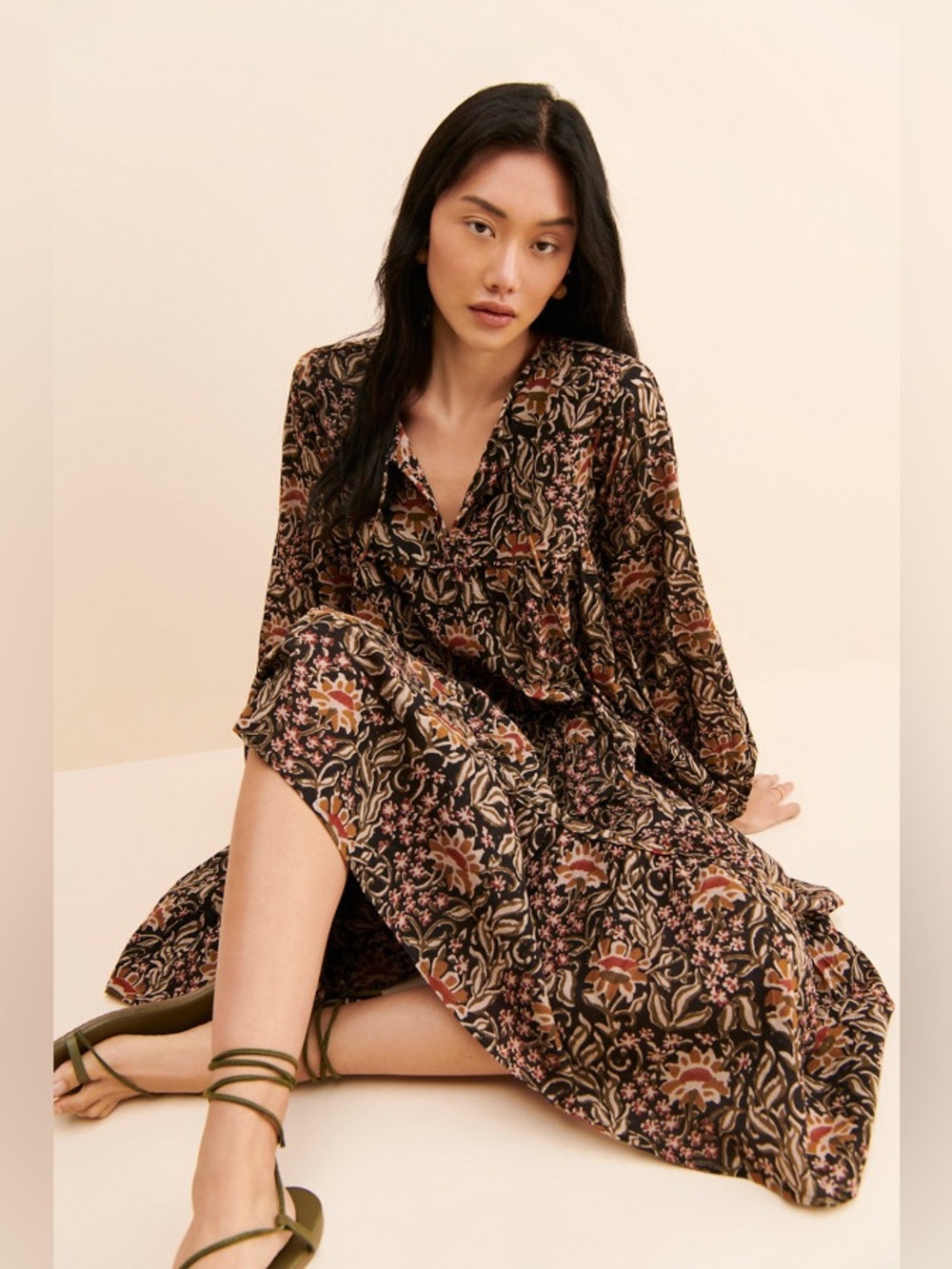 Anthropologie Maelu Designs Willow Midi Long Sleeve Floral Peasant Dress Size M - Picture 2 of 9